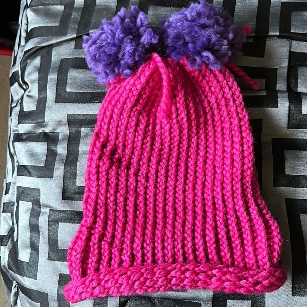 Homemade Hand Crocheted Pink & Purple  Beanie Winter Hat